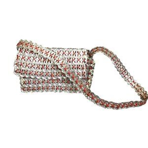 Handmade Aluminum Pop Tab Bag Purse Red String Accents Button Closure